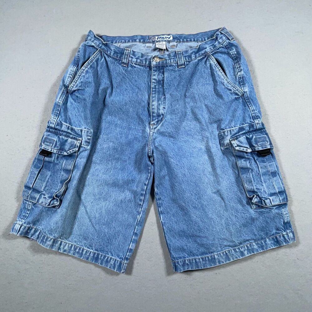 Vintage‎ Utility Cargo Denim Shorts Men 38 Blue Skater Grunge Baggy Blue
